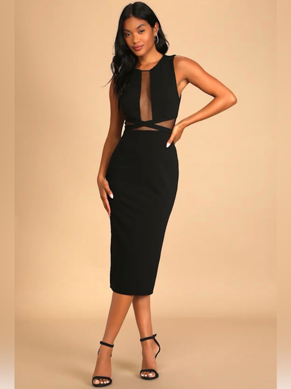 Lulu's Black Mesh-Inset Midi Sheath Dress